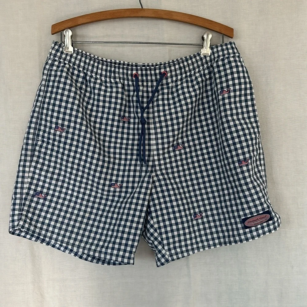 Vineyard Vines Flag Whale Gingham Chappy Trunks size M G17